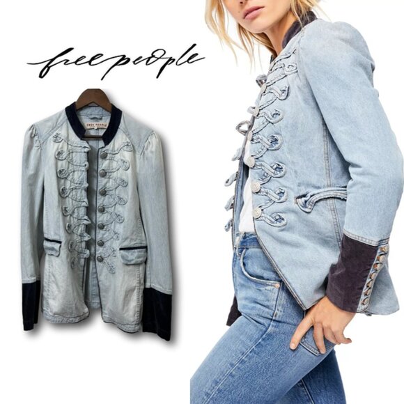 Free People Womens Jacket Medium Striped Denim Military Style Button Blazer - Picture 1 of 17